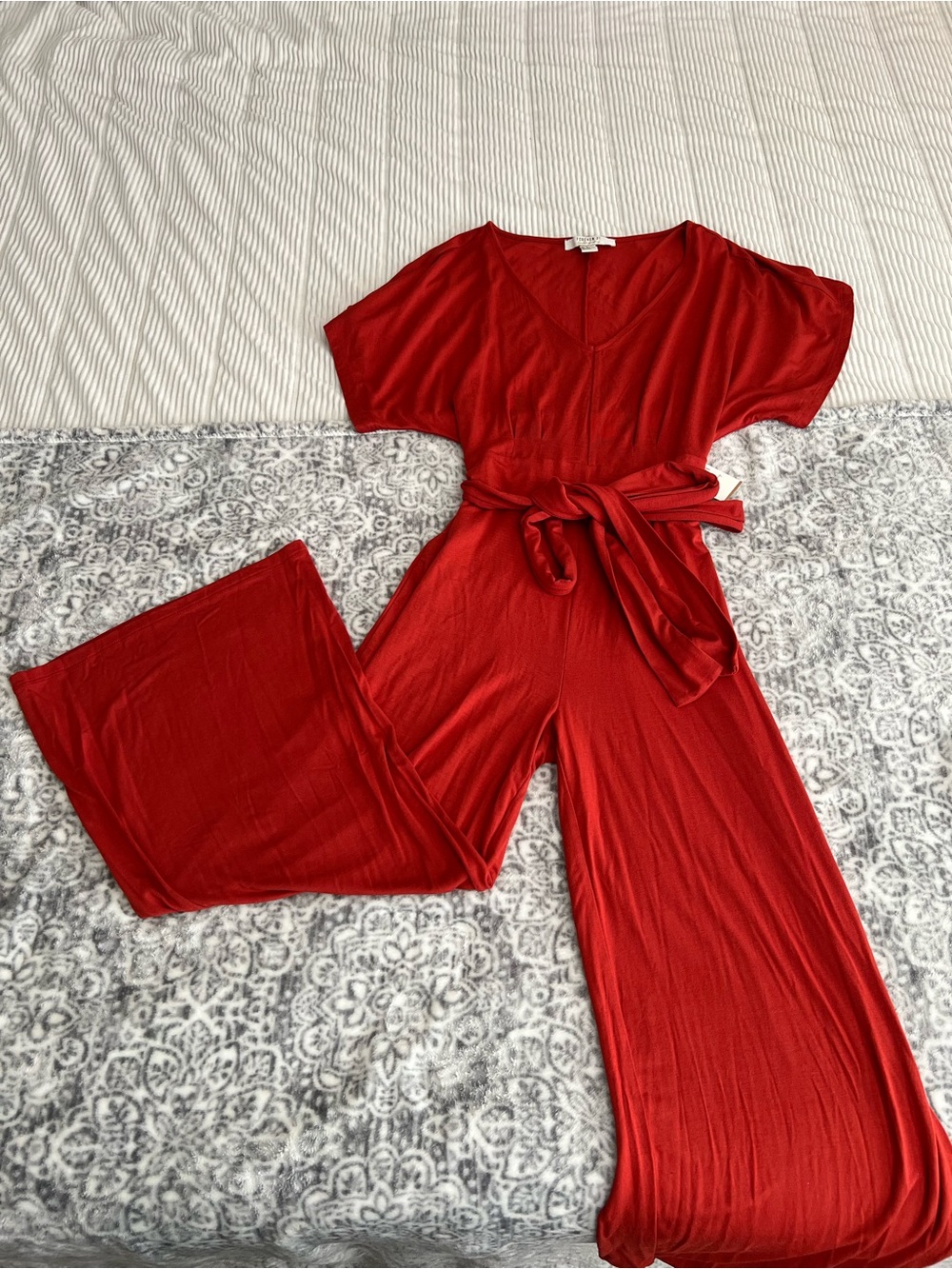 Forever 21 Red Orange V-Neck Jumpsuit with Tie Waist